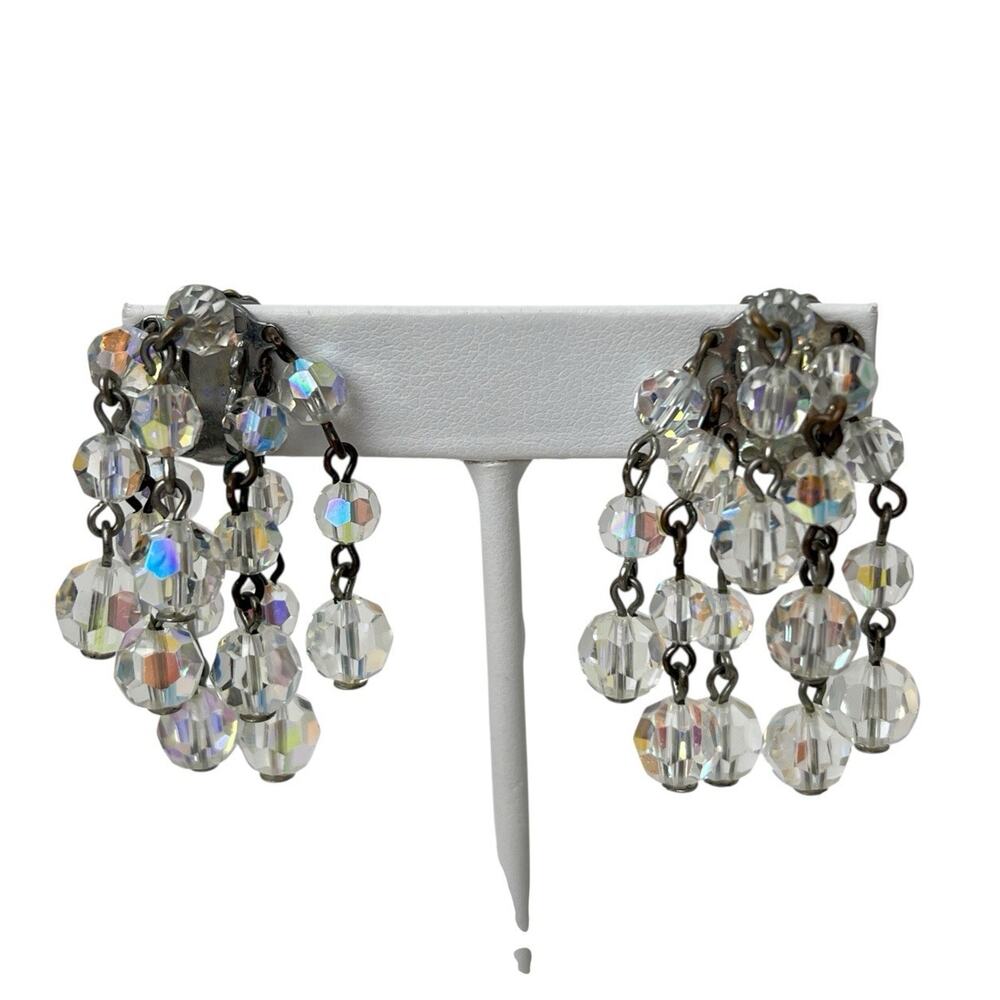 Aurora Borealis Dangle Earrings Vintage Faceted AB Beads Cascade Cluster Clip On